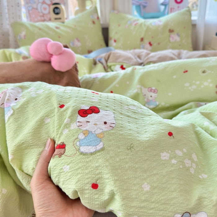 91家纺网 家纺一手货源 找家纺 星禾优选 2026新款A类泡芙纱印花四件套 小猫拉车