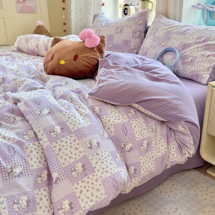 91家纺网 家纺一手货源 找家纺 星禾优选 2026新款A类泡芙纱印花四件套 软紫格猫