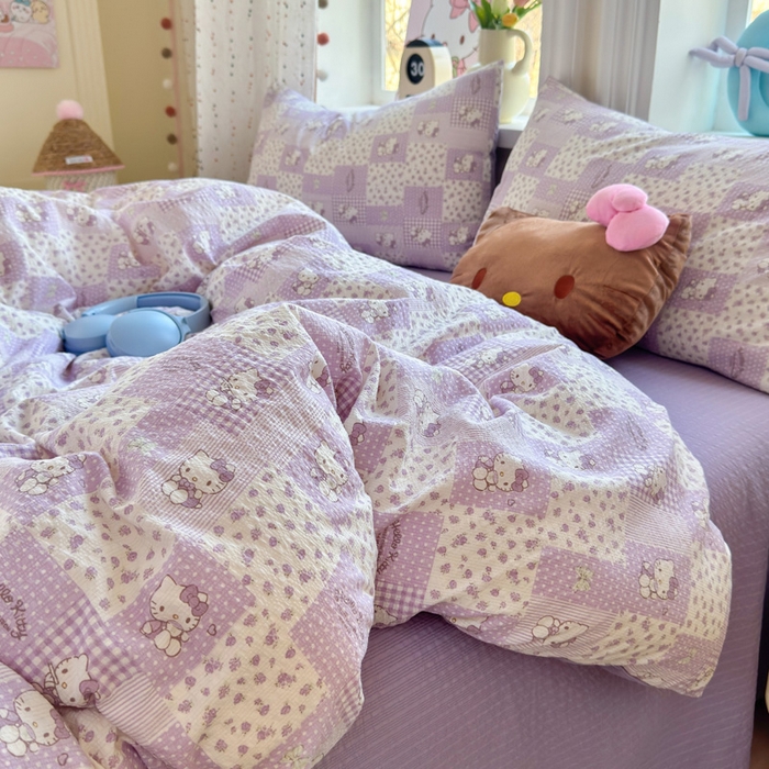 91家纺网 家纺一手货源 找家纺 星禾优选 2026新款A类泡芙纱印花四件套 软紫格猫