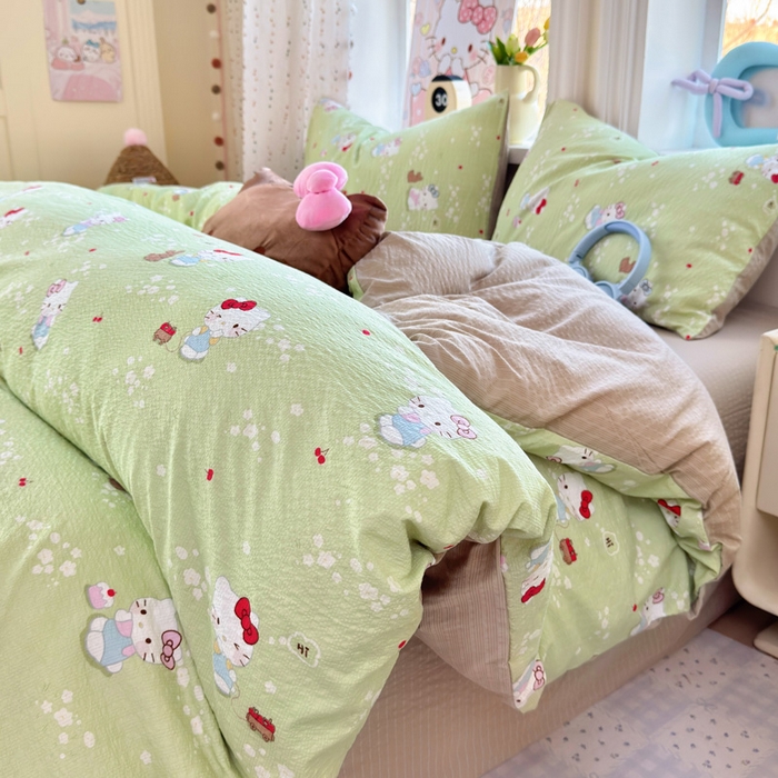 91家纺网 家纺一手货源 找家纺 星禾优选 2026新款A类泡芙纱印花四件套 小猫拉车