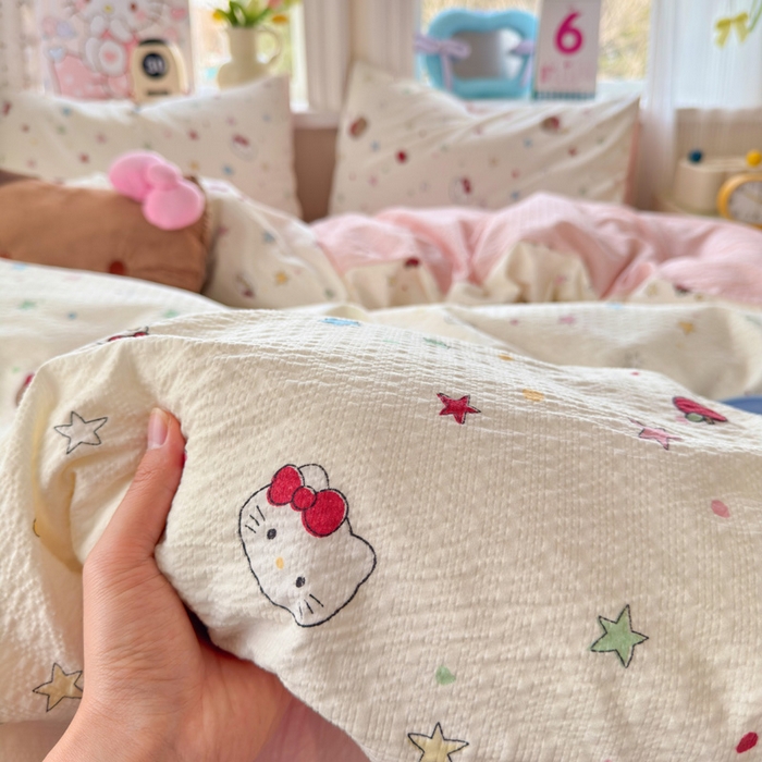 91家纺网 家纺一手货源 找家纺 星禾优选 2026新款A类泡芙纱印花四件套 星芒凯蒂