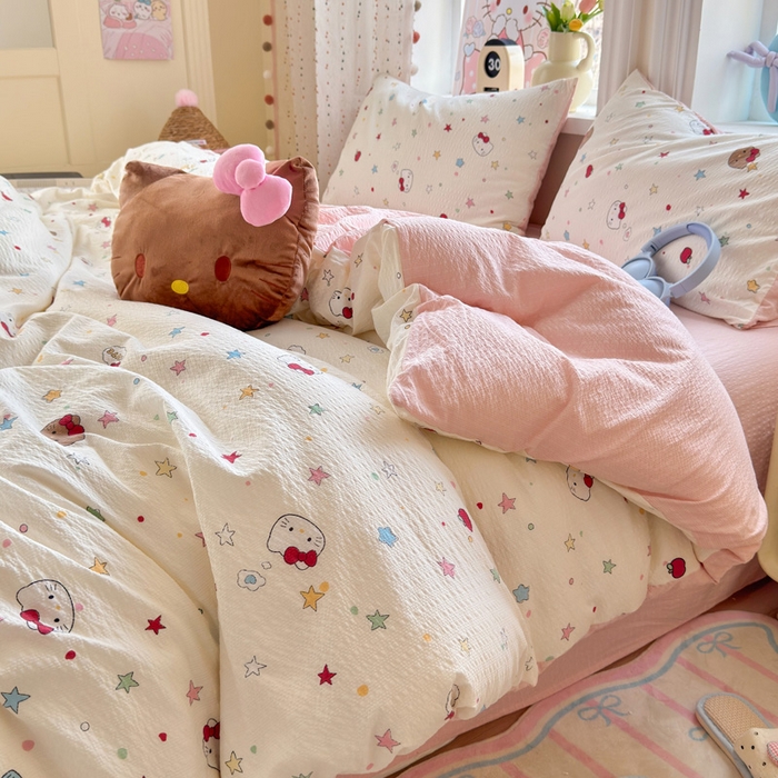 91家纺网 家纺一手货源 找家纺 星禾优选 2026新款A类泡芙纱印花四件套 星芒凯蒂