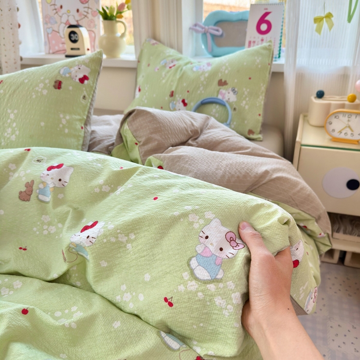 91家纺网 家纺一手货源 找家纺 星禾优选 2026新款A类泡芙纱印花四件套 小猫拉车