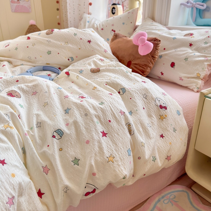 91家纺网 家纺一手货源 找家纺 星禾优选 2026新款A类泡芙纱印花四件套 星芒凯蒂