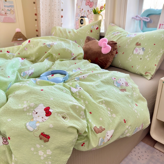 91家纺网 家纺一手货源 找家纺 星禾优选 2026新款A类泡芙纱印花四件套 小猫拉车