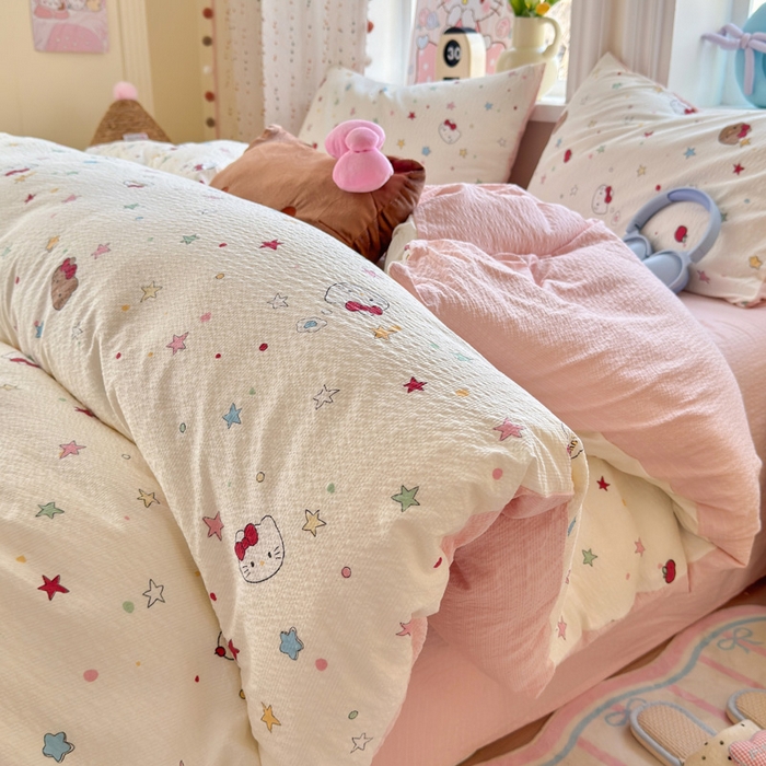 91家纺网 家纺一手货源 找家纺 星禾优选 2026新款A类泡芙纱印花四件套 星芒凯蒂