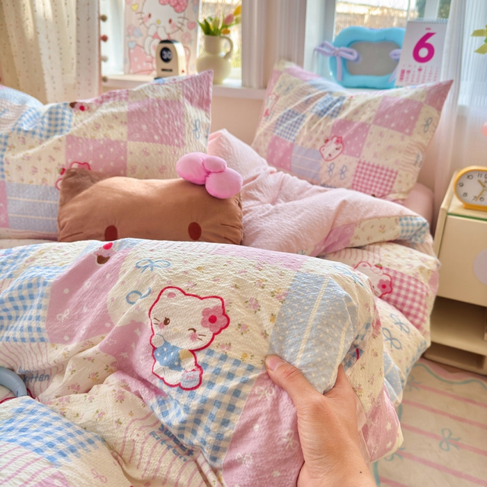 91家纺网 家纺一手货源 找家纺 星禾优选 2026新款A类泡芙纱印花四件套 甜喵块块