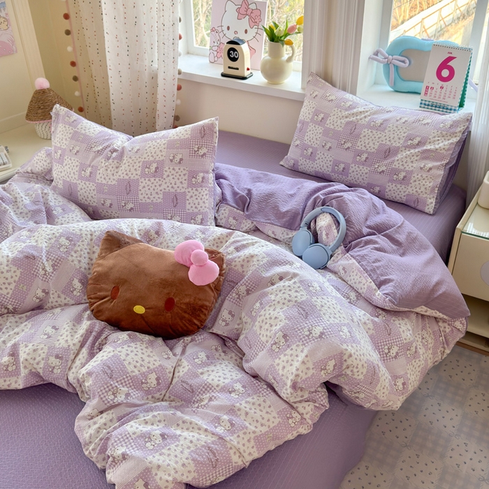 91家纺网 家纺一手货源 找家纺 星禾优选 2026新款A类泡芙纱印花四件套 软紫格猫