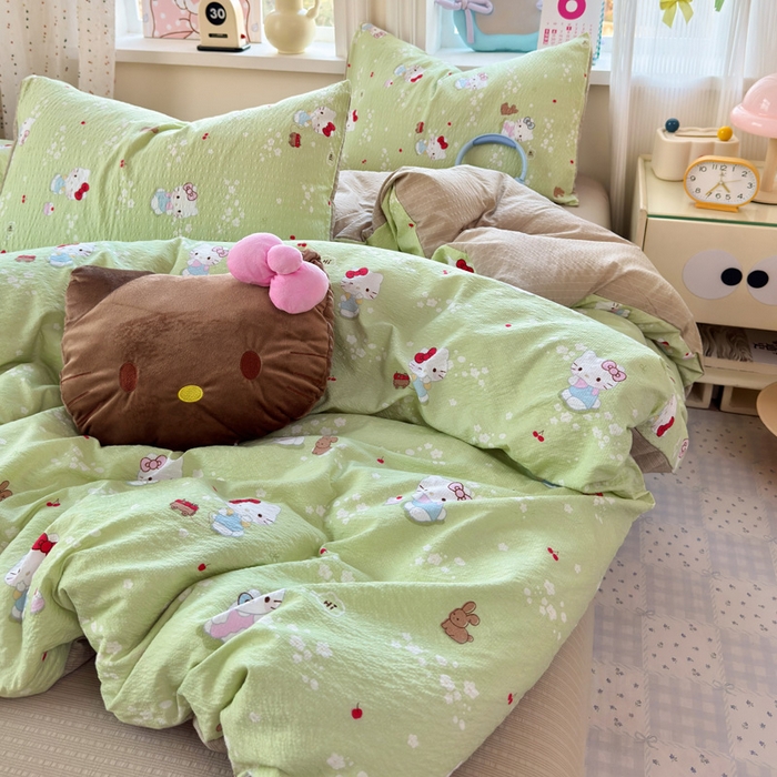 91家纺网 家纺一手货源 找家纺 星禾优选 2026新款A类泡芙纱印花四件套 小猫拉车