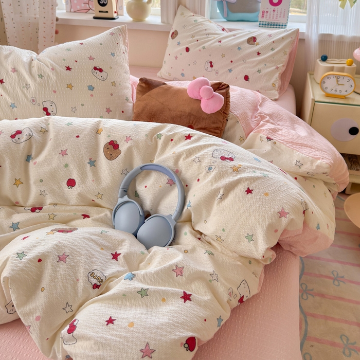 91家纺网 家纺一手货源 找家纺 星禾优选 2026新款A类泡芙纱印花四件套 星芒凯蒂