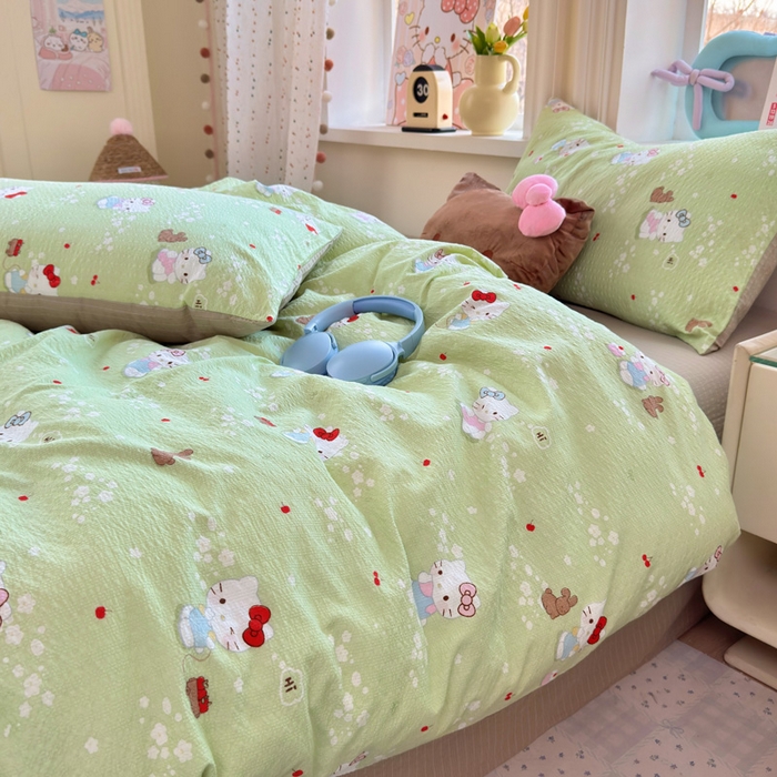 91家纺网 家纺一手货源 找家纺 星禾优选 2026新款A类泡芙纱印花四件套 小猫拉车