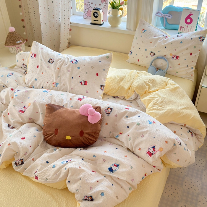 91家纺网 家纺一手货源 找家纺 星禾优选 2026新款A类泡芙纱印花四件套 萌星奇遇