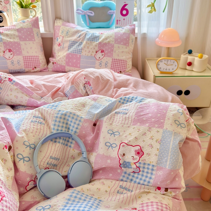 91家纺网 家纺一手货源 找家纺 星禾优选 2026新款A类泡芙纱印花四件套 甜喵块块