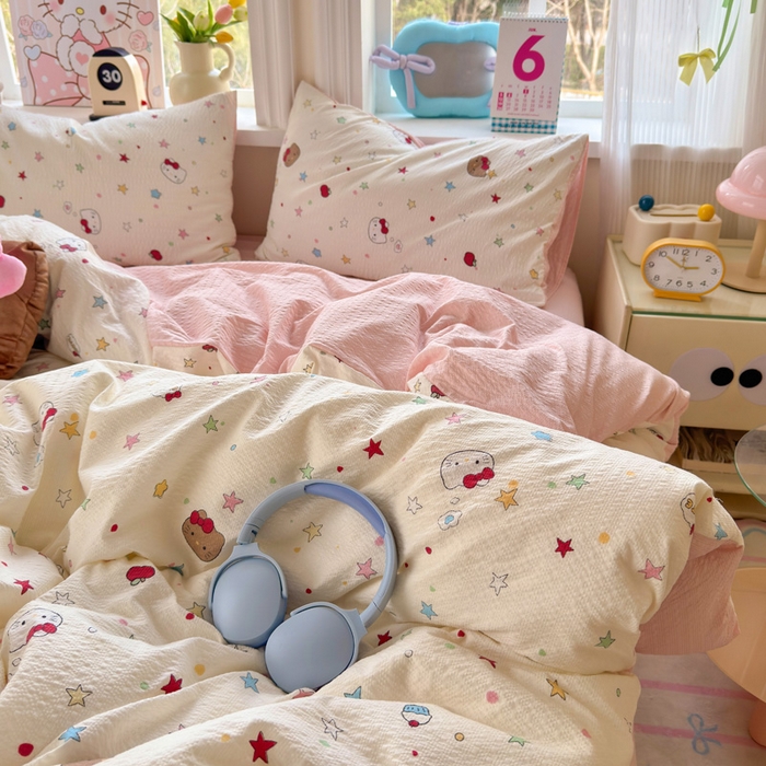 91家纺网 家纺一手货源 找家纺 星禾优选 2026新款A类泡芙纱印花四件套 星芒凯蒂