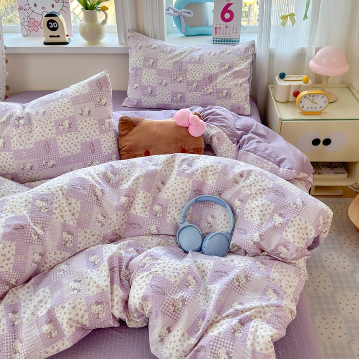 91家纺网 家纺一手货源 找家纺 星禾优选 2026新款A类泡芙纱印花四件套 软紫格猫