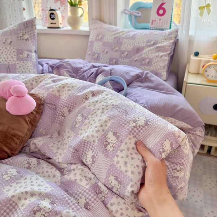 91家纺网 家纺一手货源 找家纺 星禾优选 2026新款A类泡芙纱印花四件套 软紫格猫