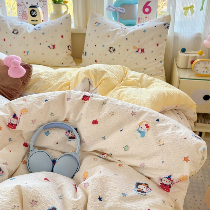 91家纺网 家纺一手货源 找家纺 星禾优选 2026新款A类泡芙纱印花四件套 萌星奇遇