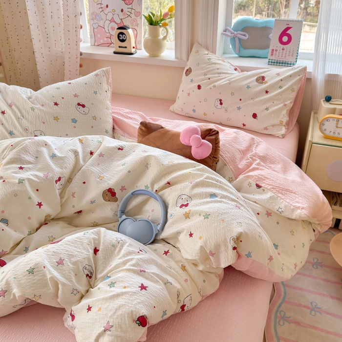 91家纺网 家纺一手货源 找家纺 星禾优选 2026新款A类泡芙纱印花四件套 星芒凯蒂