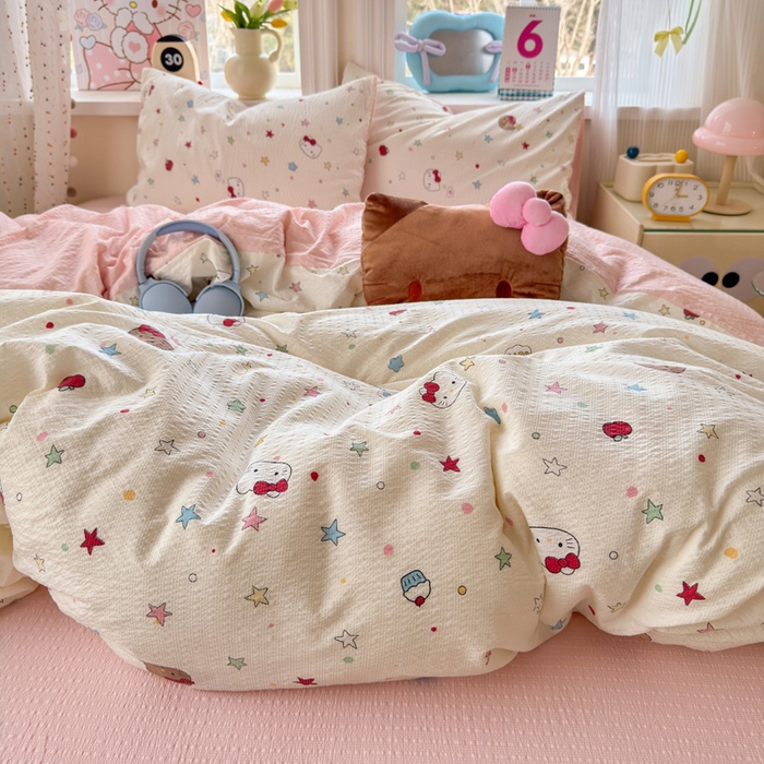 91家纺网 家纺一手货源 找家纺 星禾优选 2026新款A类泡芙纱印花四件套 星芒凯蒂