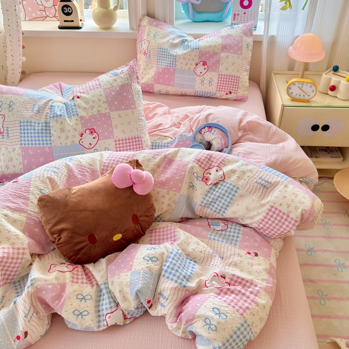 91家纺网 家纺一手货源 找家纺 星禾优选 2026新款A类泡芙纱印花四件套 甜喵块块