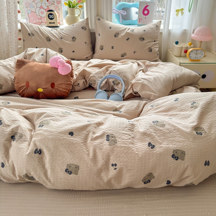 91家纺网 家纺一手货源 找家纺 星禾优选 2026新款A类泡芙纱印花四件套 咖啡小猫