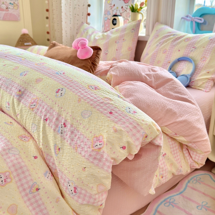 91家纺网 家纺一手货源 找家纺 星禾优选 2026新款A类泡芙纱印花四件套 黄粉萌团