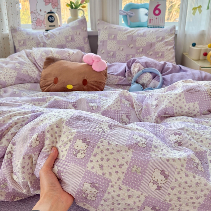 91家纺网 家纺一手货源 找家纺 星禾优选 2026新款A类泡芙纱印花四件套 软紫格猫