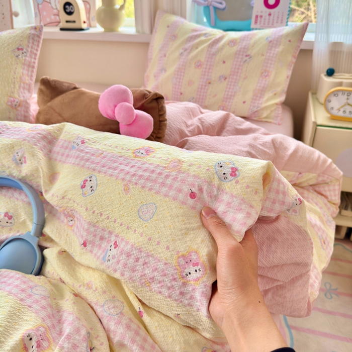 91家纺网 家纺一手货源 找家纺 星禾优选 2026新款A类泡芙纱印花四件套 黄粉萌团