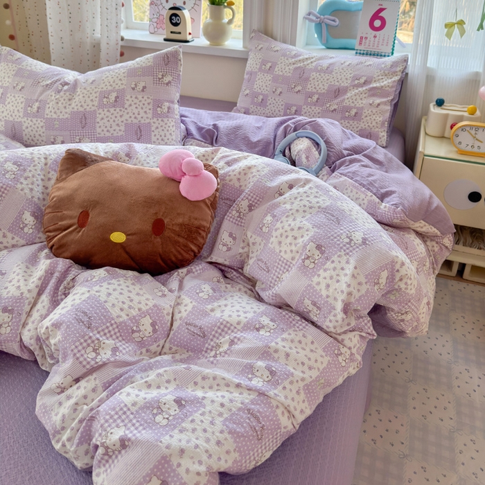 91家纺网 家纺一手货源 找家纺 星禾优选 2026新款A类泡芙纱印花四件套 软紫格猫