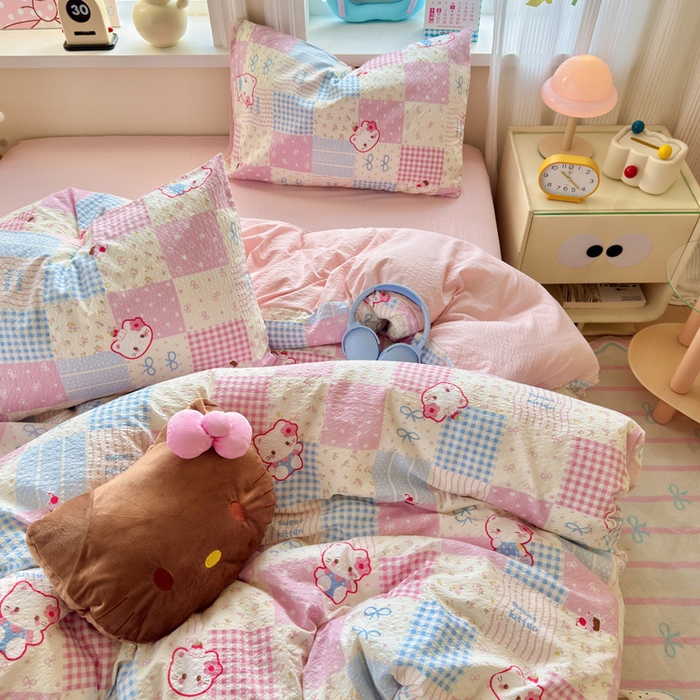 91家纺网 家纺一手货源 找家纺 星禾优选 2026新款A类泡芙纱印花四件套 甜喵块块