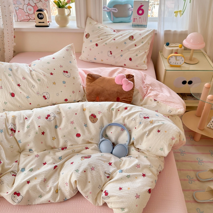 91家纺网 家纺一手货源 找家纺 星禾优选 2026新款A类泡芙纱印花四件套 星芒凯蒂