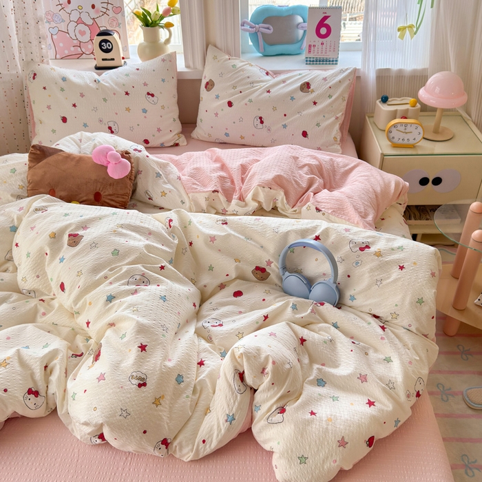 91家纺网 家纺一手货源 找家纺 星禾优选 2026新款A类泡芙纱印花四件套 星芒凯蒂