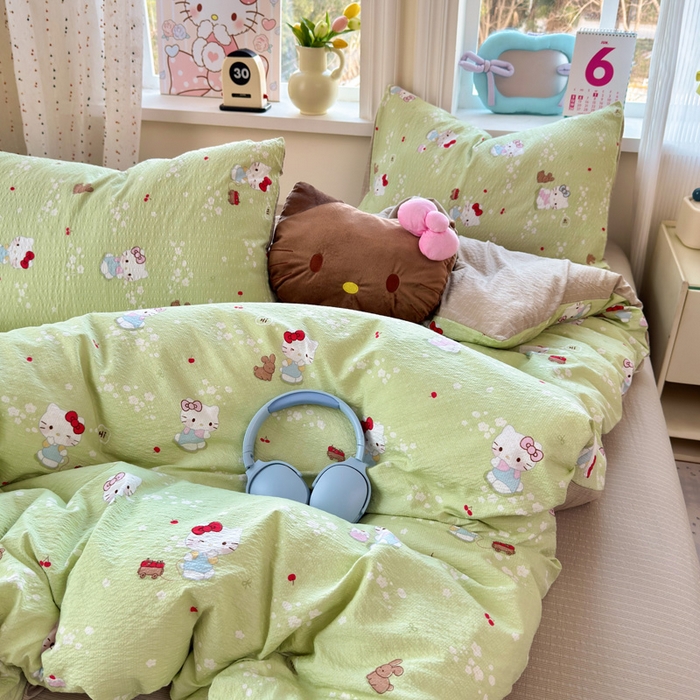 91家纺网 家纺一手货源 找家纺 星禾优选 2026新款A类泡芙纱印花四件套 小猫拉车