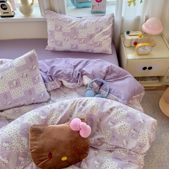 91家纺网 家纺一手货源 找家纺 星禾优选 2026新款A类泡芙纱印花四件套 软紫格猫