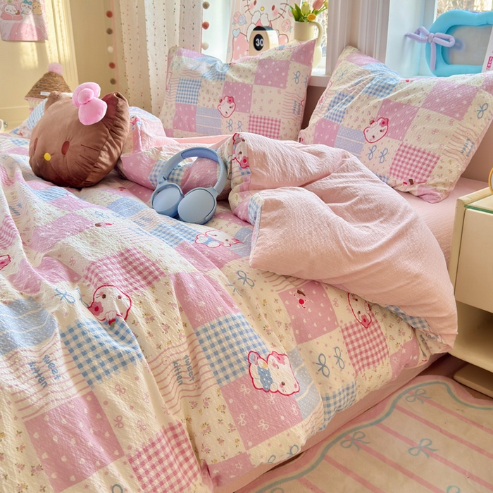 91家纺网 家纺一手货源 找家纺 星禾优选 2026新款A类泡芙纱印花四件套 甜喵块块