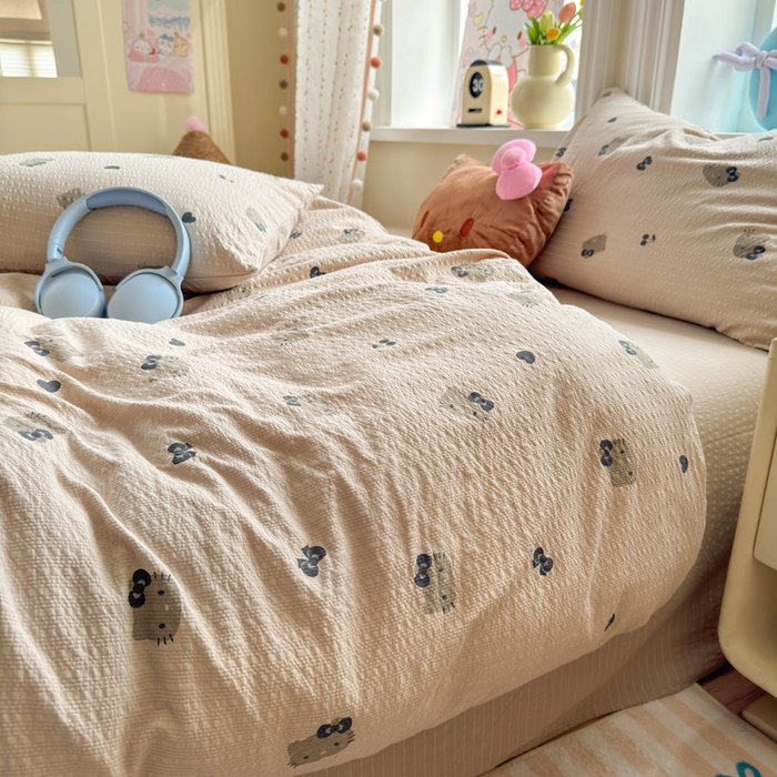 91家纺网 家纺一手货源 找家纺 星禾优选 2026新款A类泡芙纱印花四件套 咖啡小猫