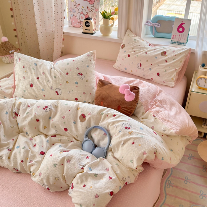 91家纺网 家纺一手货源 找家纺 星禾优选 2026新款A类泡芙纱印花四件套 星芒凯蒂