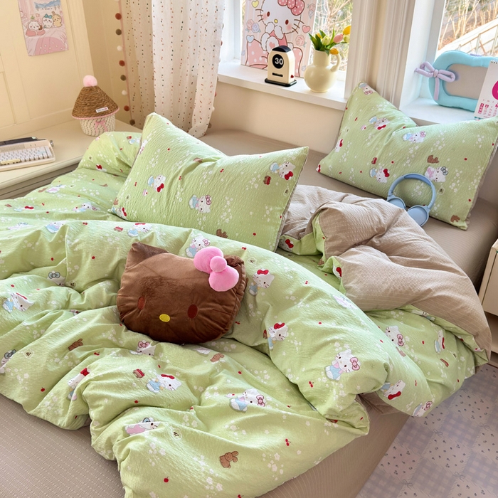 91家纺网 家纺一手货源 找家纺 星禾优选 2026新款A类泡芙纱印花四件套 小猫拉车