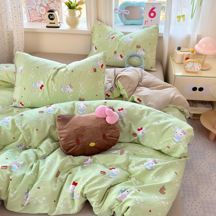 91家纺网 家纺一手货源 找家纺 星禾优选 2026新款A类泡芙纱印花四件套 小猫拉车