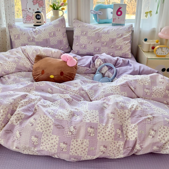 91家纺网 家纺一手货源 找家纺 星禾优选 2026新款A类泡芙纱印花四件套 软紫格猫