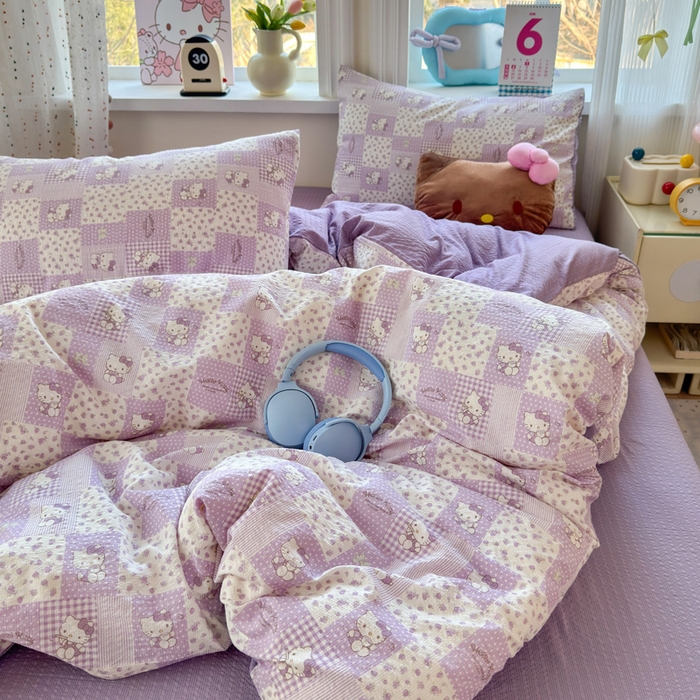 91家纺网 家纺一手货源 找家纺 星禾优选 2026新款A类泡芙纱印花四件套 软紫格猫