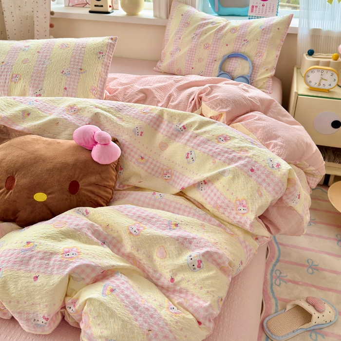 91家纺网 家纺一手货源 找家纺 星禾优选 2026新款A类泡芙纱印花四件套 黄粉萌团