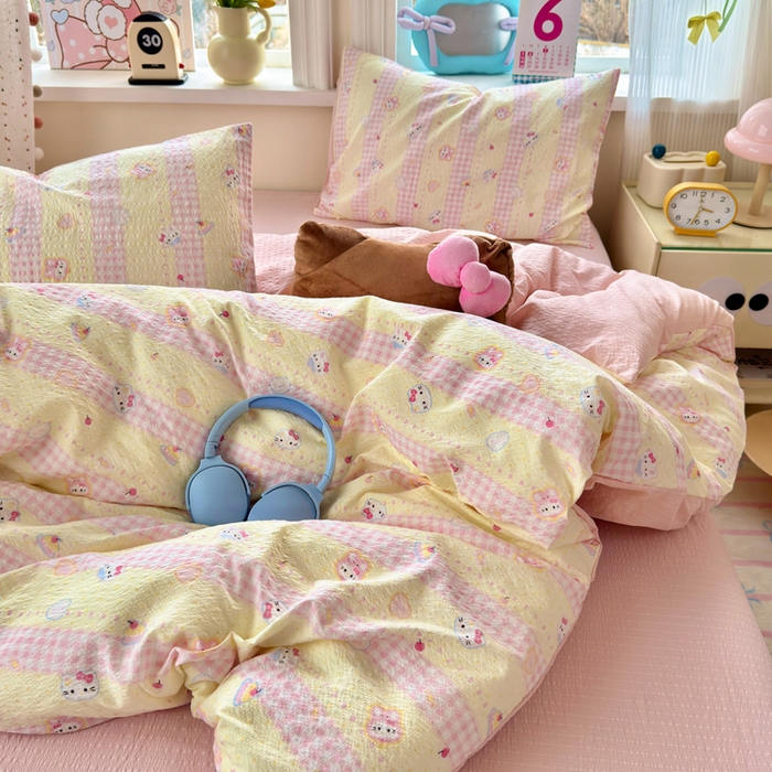 91家纺网 家纺一手货源 找家纺 星禾优选 2026新款A类泡芙纱印花四件套 黄粉萌团