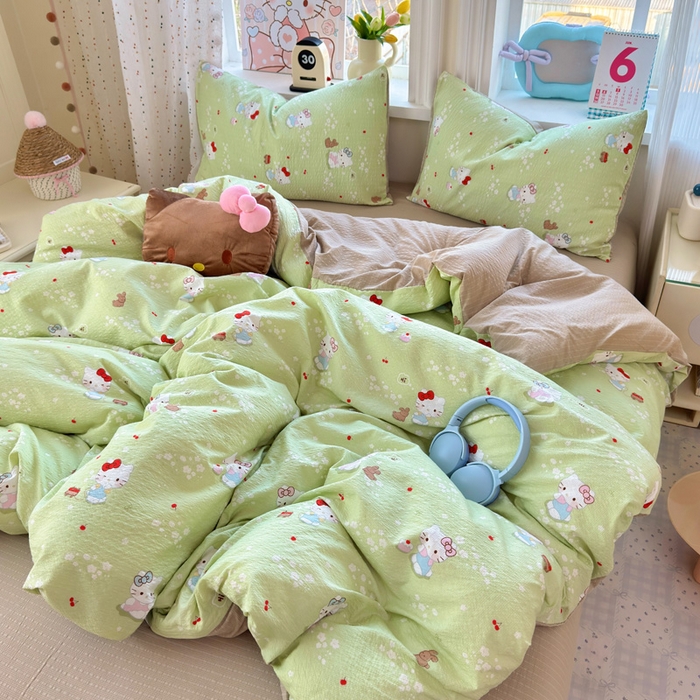 91家纺网 家纺一手货源 找家纺 星禾优选 2026新款A类泡芙纱印花四件套 小猫拉车