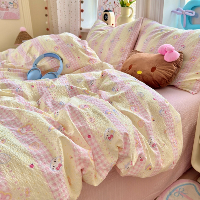 91家纺网 家纺一手货源 找家纺 星禾优选 2026新款A类泡芙纱印花四件套 黄粉萌团