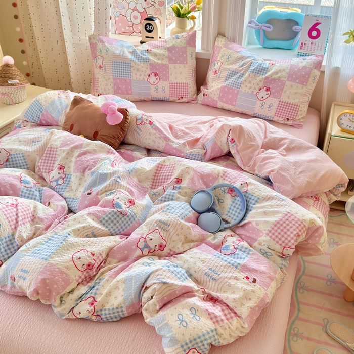 91家纺网 家纺一手货源 找家纺 星禾优选 2026新款A类泡芙纱印花四件套 甜喵块块