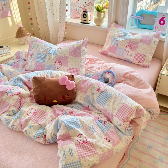 91家纺网 家纺一手货源 找家纺 星禾优选 2026新款A类泡芙纱印花四件套 甜喵块块