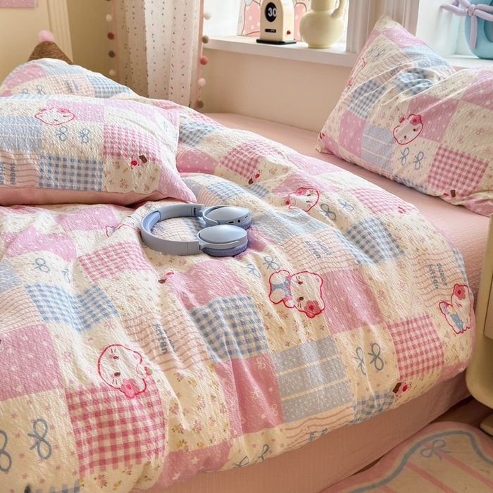 91家纺网 家纺一手货源 找家纺 星禾优选 2026新款A类泡芙纱印花四件套 甜喵块块