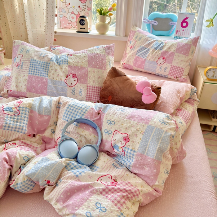 91家纺网 家纺一手货源 找家纺 星禾优选 2026新款A类泡芙纱印花四件套 甜喵块块