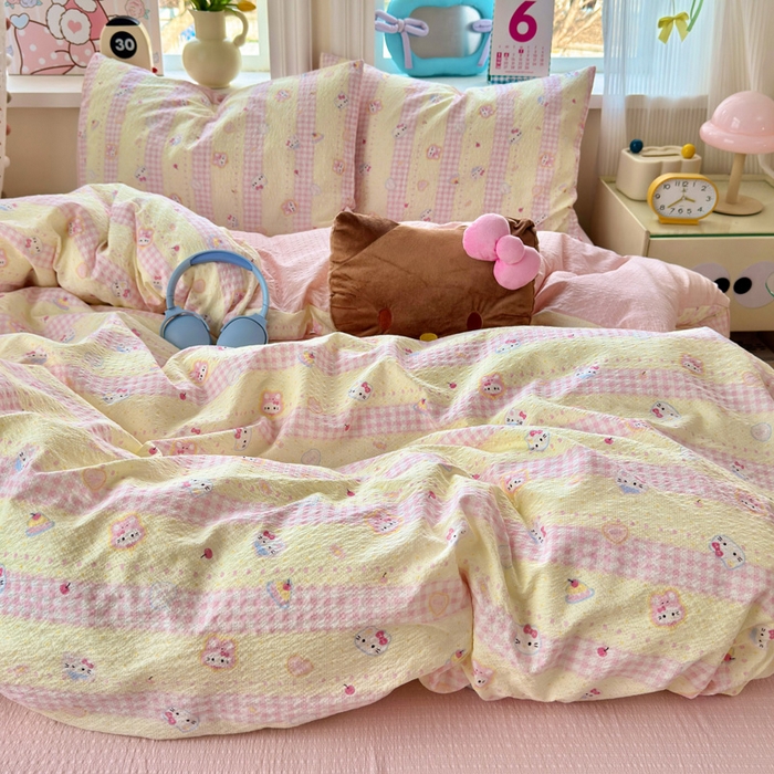 91家纺网 家纺一手货源 找家纺 星禾优选 2026新款A类泡芙纱印花四件套 黄粉萌团